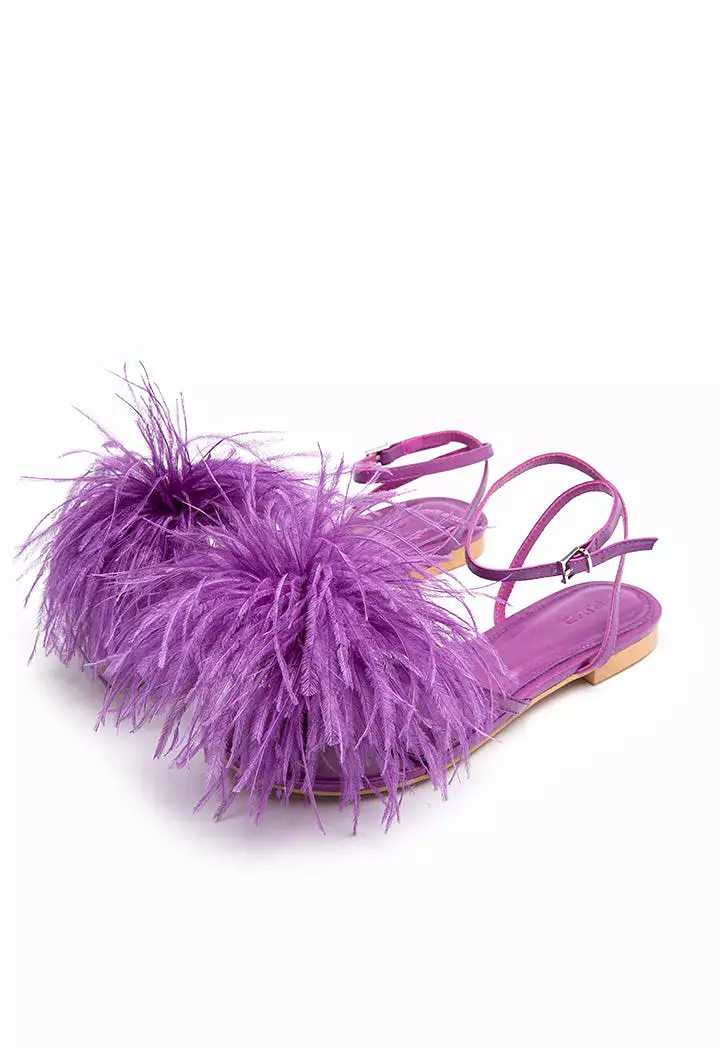 Dot Feather Trimmed Flat Sandals