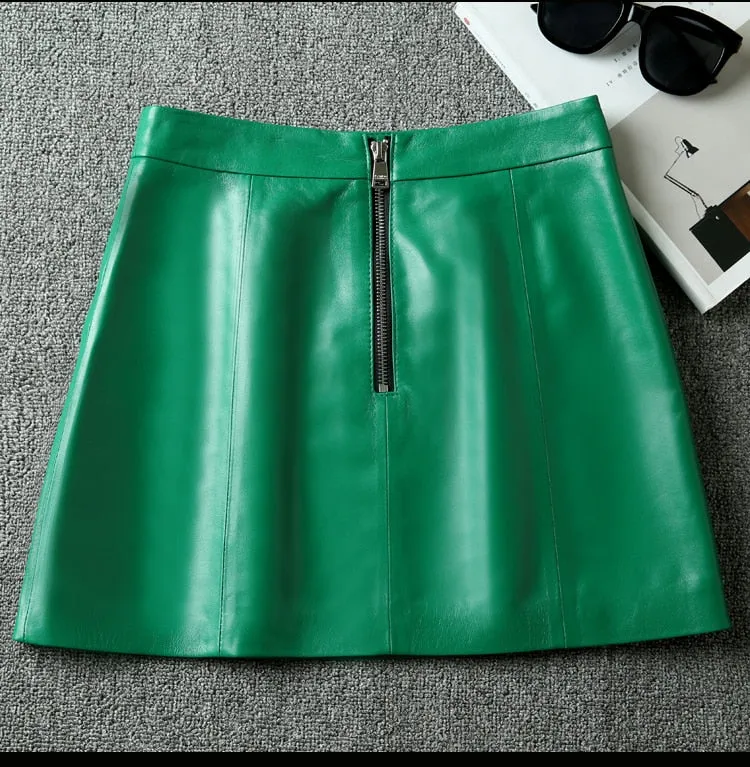 Plus Size Winter Women's Solid Genuine Leather High Waist Mini Skirt