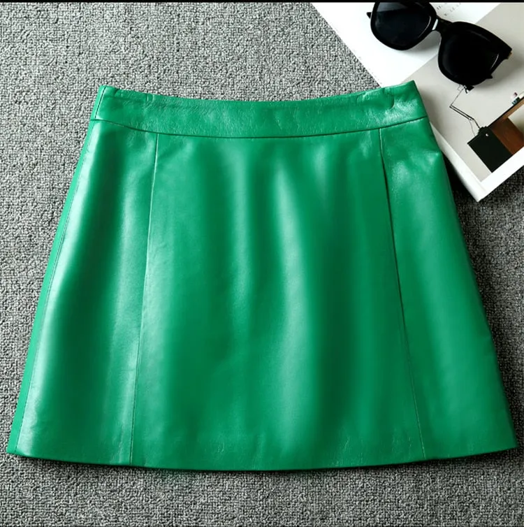 Plus Size Winter Women's Solid Genuine Leather High Waist Mini Skirt