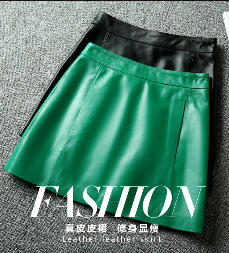 Plus Size Winter Women's Solid Genuine Leather High Waist Mini Skirt